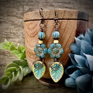 Czech glass floral beaded wire wrapped earrings